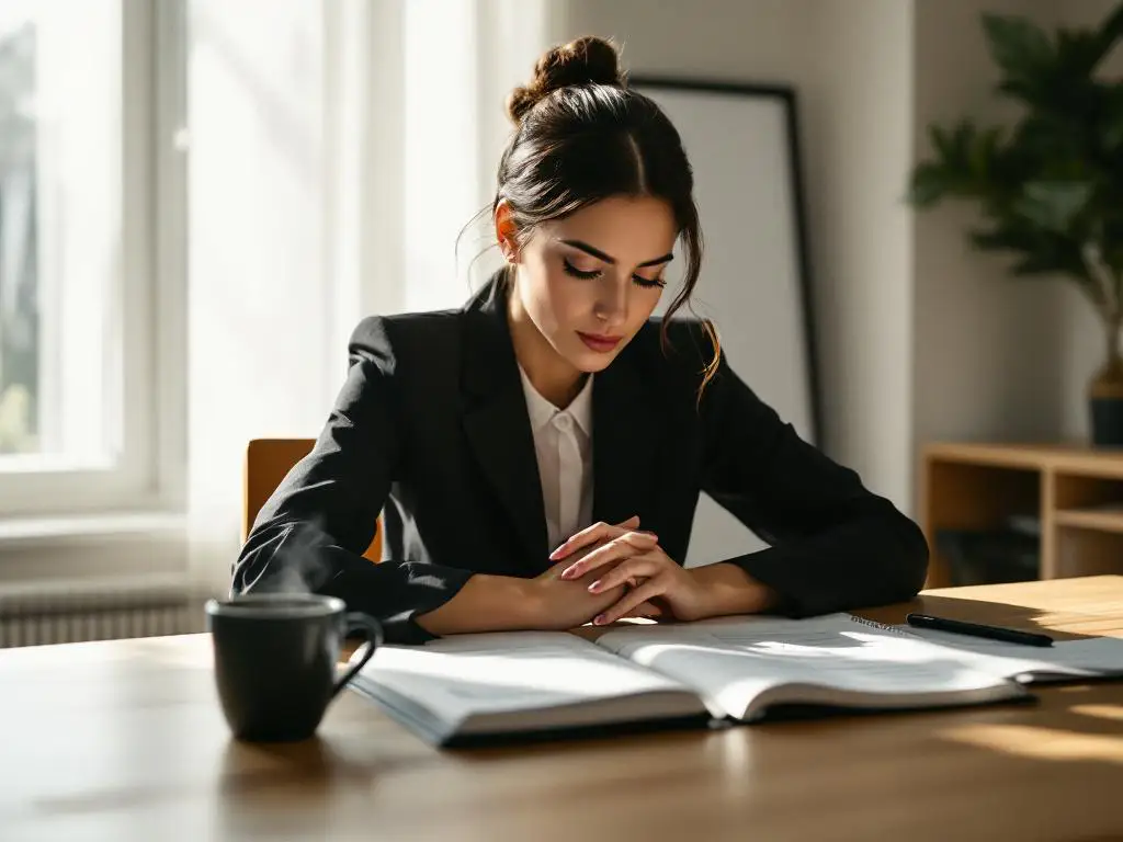 Professionele vrouw in zakelijke kleding zit aan bureau met notitieblok, koffie en ochtendlicht door raam