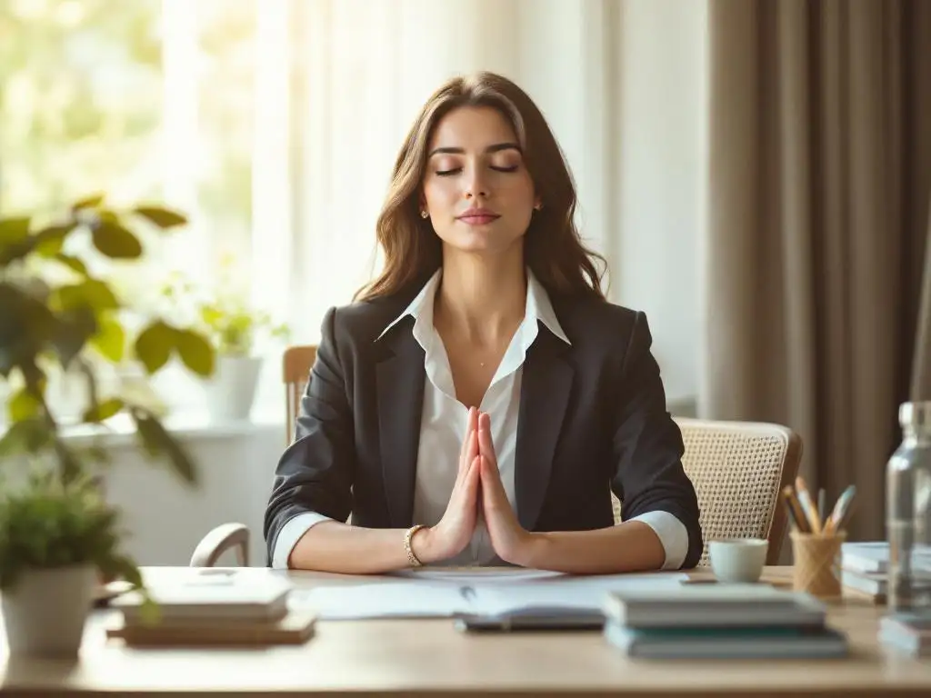 Professionele vrouw mediteert rustig aan bureau met plant en georganiseerde werktools in serene kantooromgeving