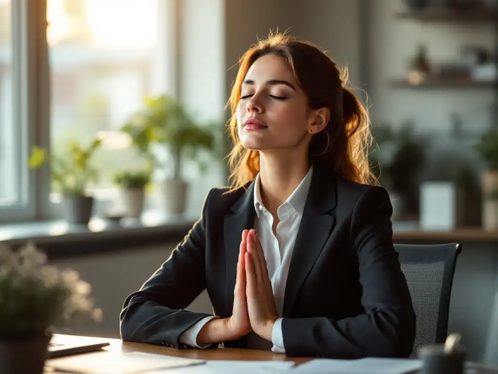 Professionele vrouw in zakelijke kleding mediteert aan kantoorbureau met gesloten ogen voor stressmanagement