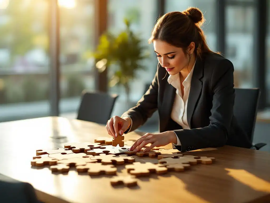 Professionele zakenvrouw plaatst laatste puzzelstuk met kantoorobjecten op vergadertafel bij groot raam