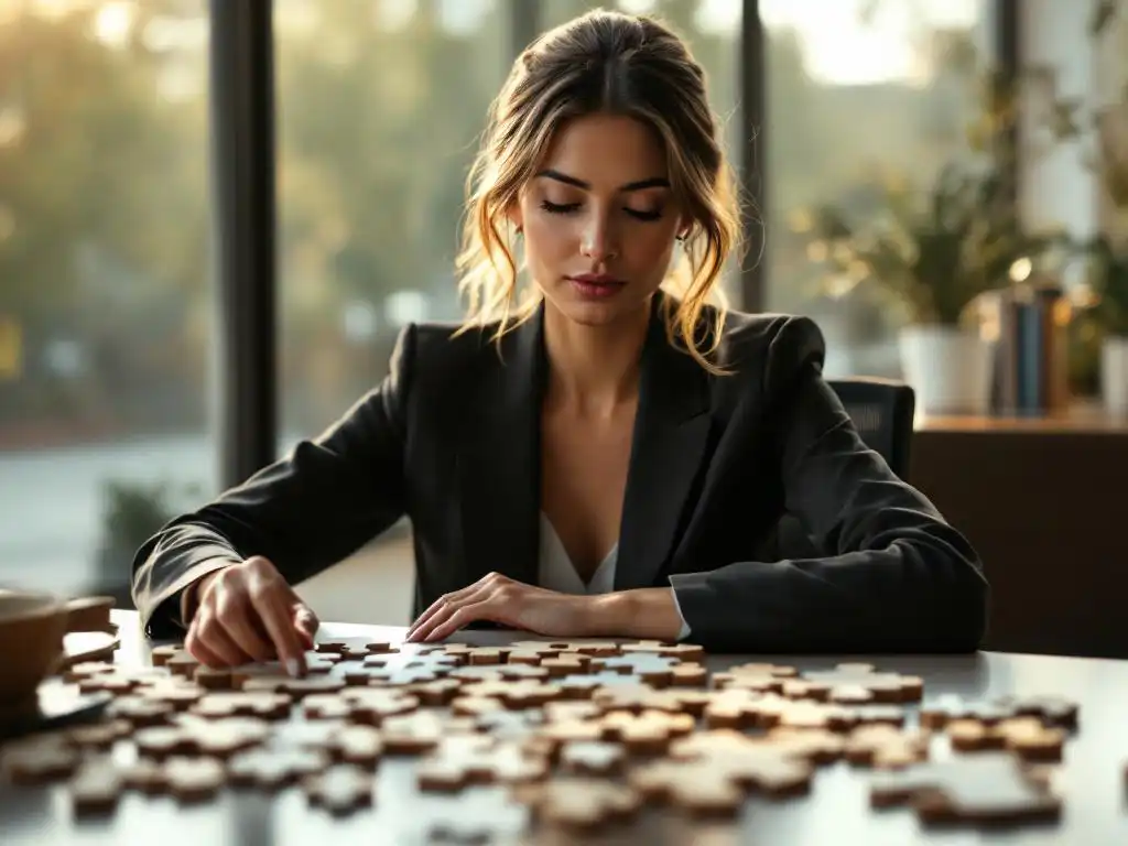Professionele vrouw in pak verbindt houten puzzelstukjes op modern bureau, symboliseert werkplek samenwerking