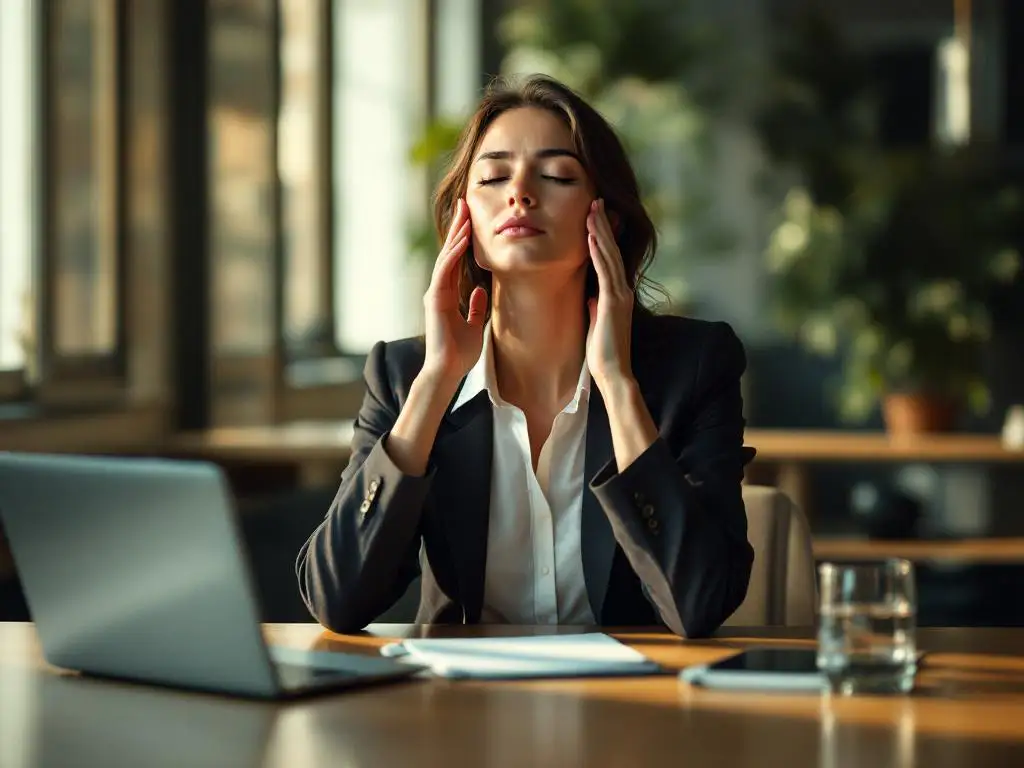 Professionele vrouw in kantoorkleding beoefent stressmanagement aan moderne vergadertafel met laptop en notitieblok