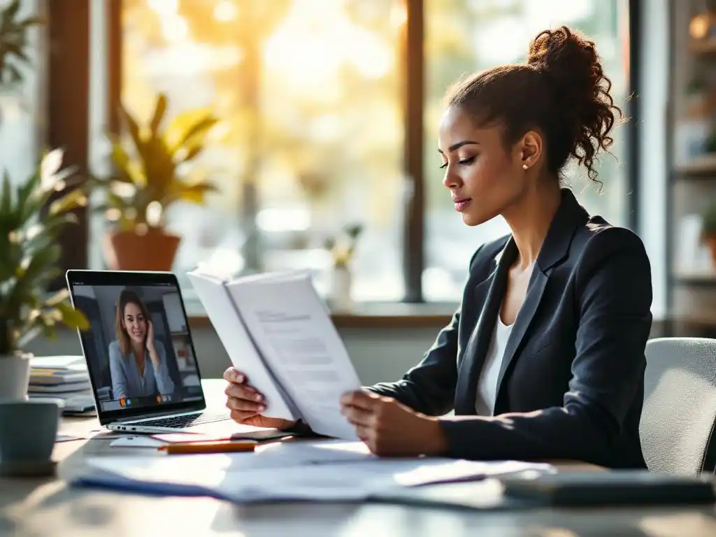 Professionele vrouw in kantoor bekijkt werkdocumenten en stressmanagement handboek tijdens videogesprek op laptop