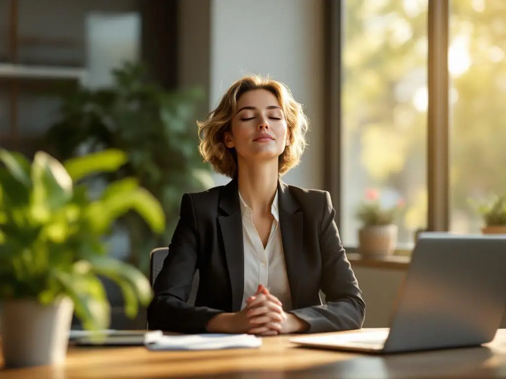 Professionele vrouw in pak ademt rustig met gesloten ogen aan modern kantoorbureau met laptop en plant bij raam
