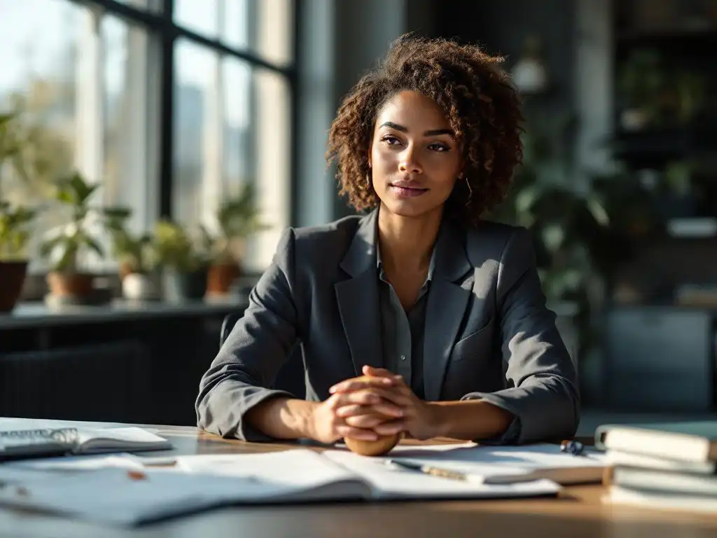 Professionele vrouw aan bureau met stressmanagement boeken en houten stressbal, kalme uitdrukking in modern kantoor