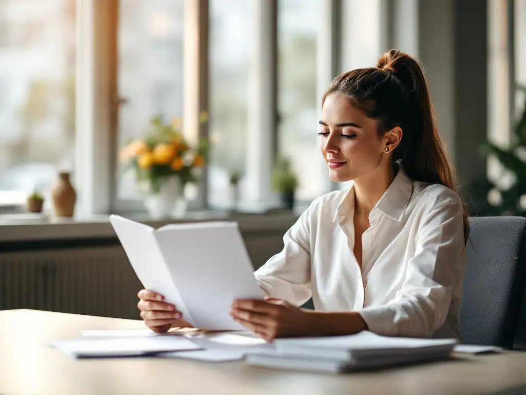 Zakenvrouw leest trainingsfolder aan bureau met beleidsdocumenten in modern kantoor met natuurlijk licht