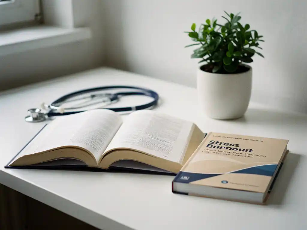 Open studieboek over stress en burnout naast een cursusboekje op wit bureau, met stethoscoop en kleine groene plant.