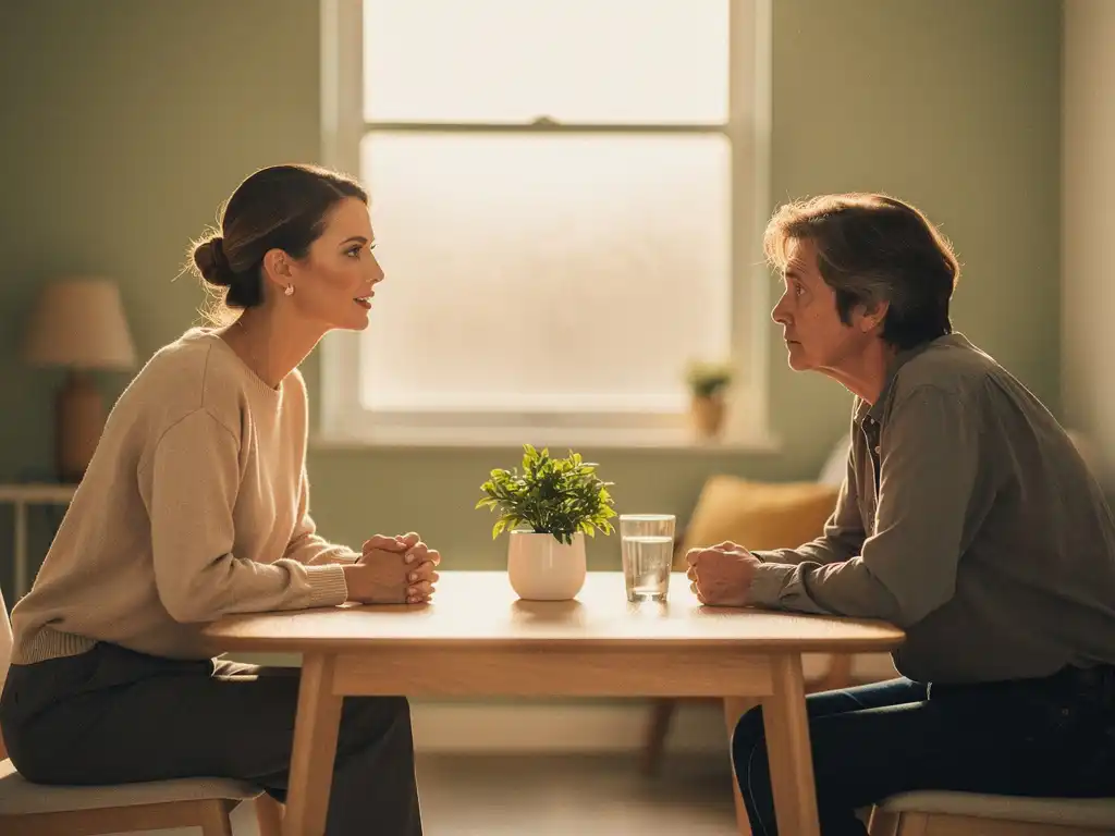 Coach en uitgeputte cliënt in gesprek aan een minimalistische tafel met plant en water, warm middaglicht filtert door matglas raam.