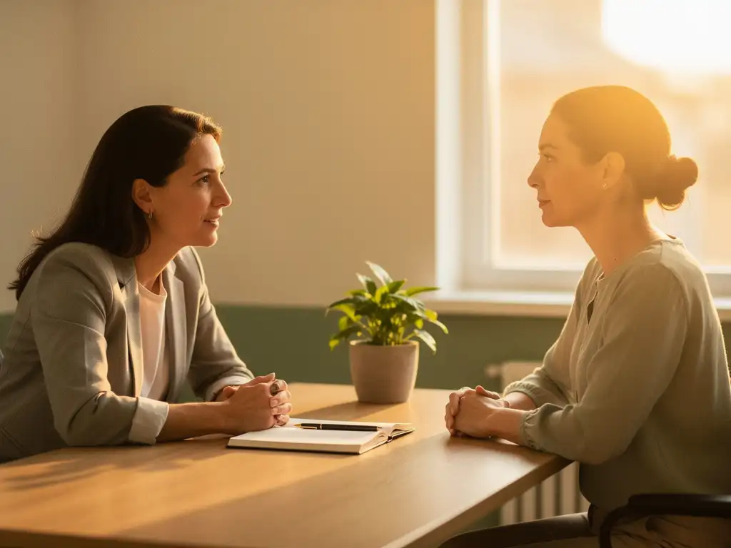 Coach en cliënt in gesprek aan een houten bureau met notitieboek en plant, in een warme vertrouwde kantooromgeving.