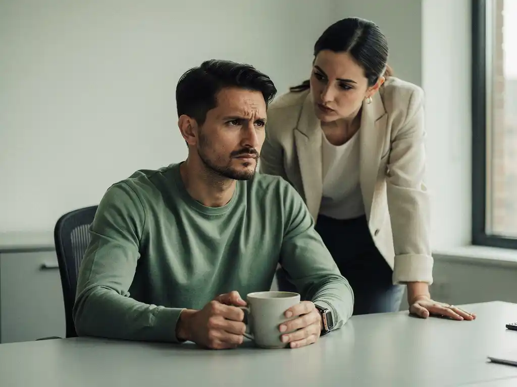 Coach observeert gespannen collega aan minimalistisch bureau, schouders opgetrokken, handen om koffiemok, zacht natuurlijk kantoorlicht.