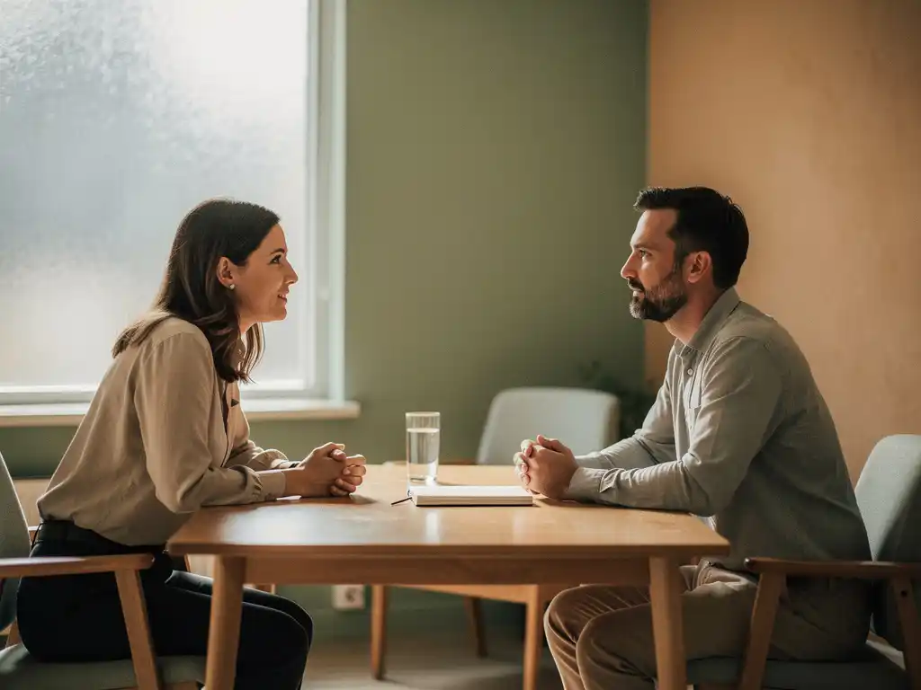 Coach en cliënt in gesprek aan houten bureau, warme kantooromgeving met zacht natuurlijk licht en salige groentinten.