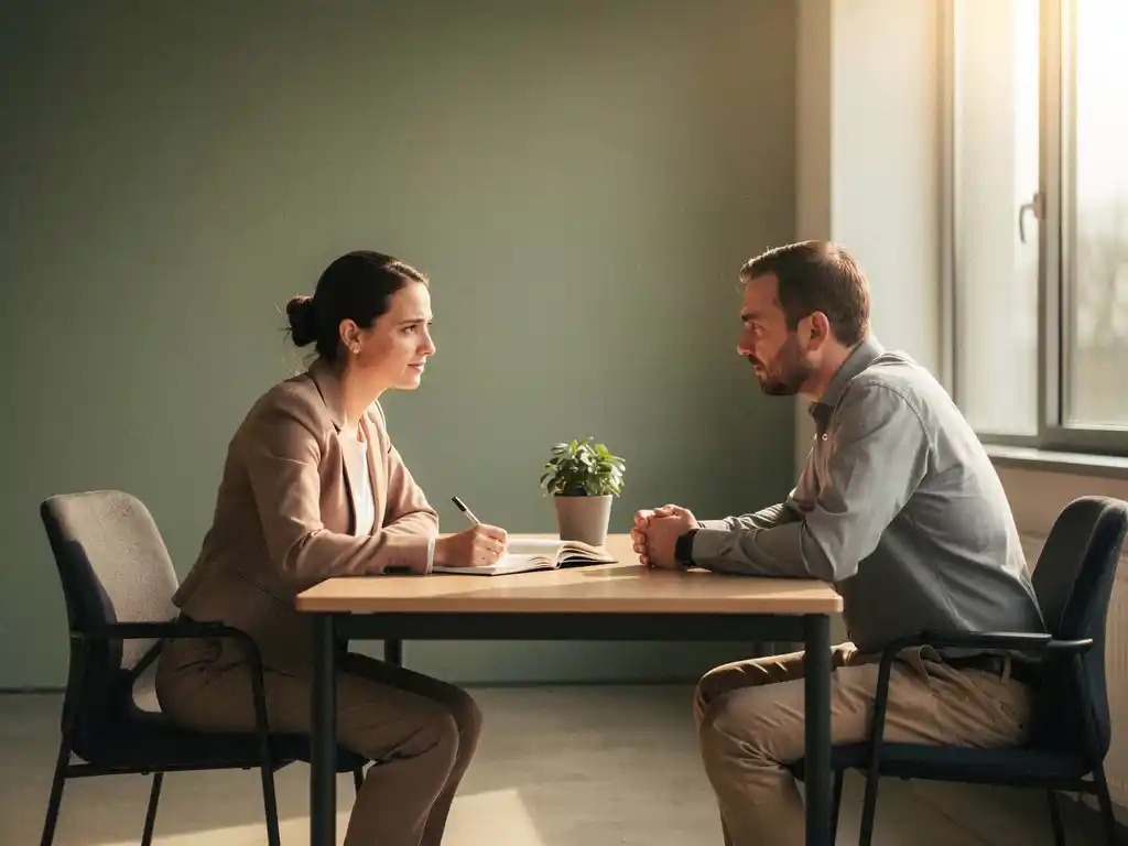 Coach en medewerker in gesprek aan minimalistische werkplek met notitieboek en plant, warm middaglicht.