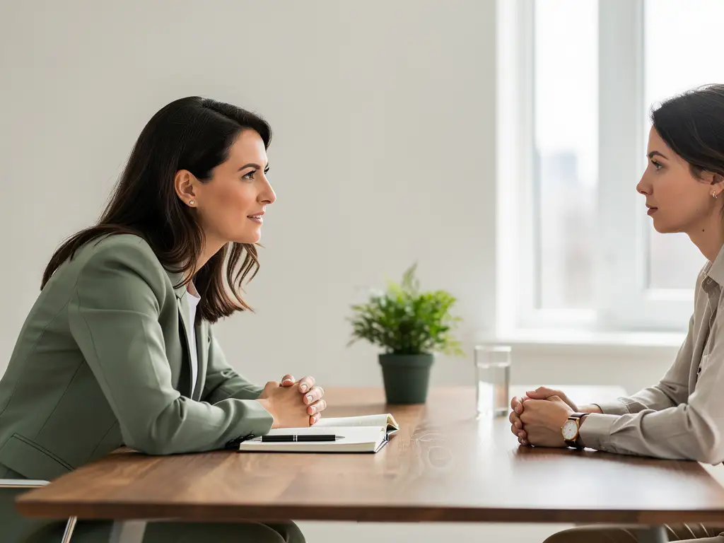 Coach en cliënt in gesprek aan houten tafel in licht kantoor, met notitieboek, plant en natuurlijk daglicht.