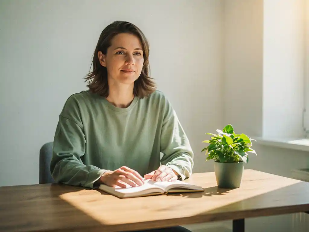 Persoon zit rustig aan een houten bureau met open notitieboek en kleine groene plant in lichte coachingomgeving.