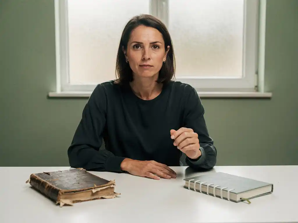 Professionele vrouw aan wit bureau met twee dagboeken, één versleten en één nieuw, in rustige kantooromgeving met saliegroen en ivoor tinten.