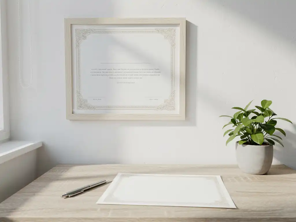 Ingelijst professioneel certificaat aan witte muur naast ongeramd document op licht eiken bureau met pen en kleine plant.