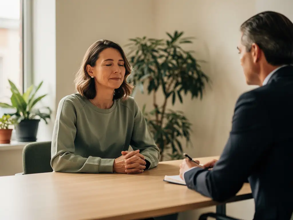 Manager met gesloten ogen en gevouwen handen aan houten bureau tijdens coachingsgesprek, omgeven door zachte natuurlijke belichting en kamerplanten.