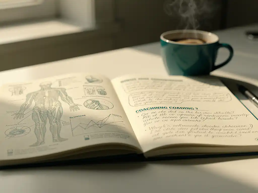 Twee open notitieboeken op wit bureau met anatomische stressdiagrammen en coachingaantekeningen, dampende koffie, zacht natuurlijk licht.
