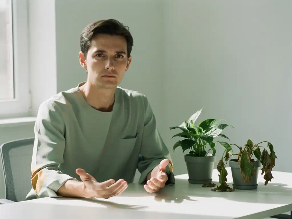 Professional aan minimalistisch bureau met één ontspannen en één gespannen hand naast een verwelkte en gezonde plant, zacht natuurlijk licht.