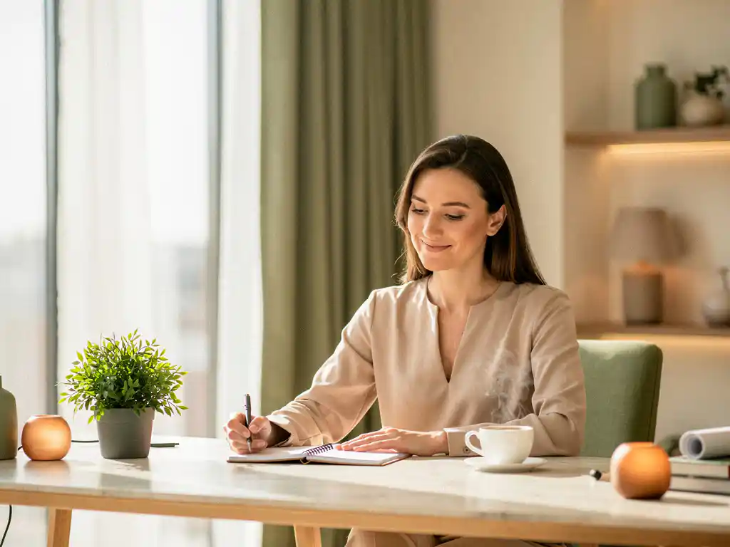Professionele coach aan modern bureau met aantekeningen, warme natuurlijke belichting, kamerplant en koffie op de achtergrond.
