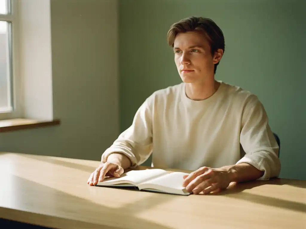 Professional zit rustig aan een houten bureau met open notitieboek, zacht ochtendlicht door raam, contemplatieve sfeer.