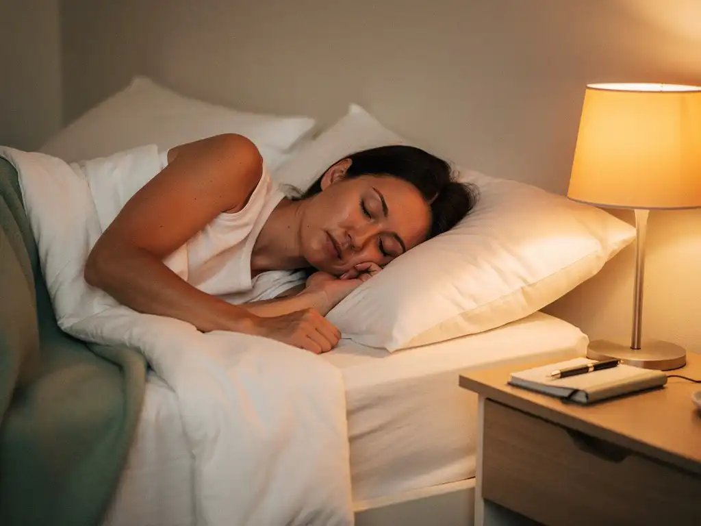 Slapende persoon in wit beddengoed met warm amberkleurig nachtlampje en notitieboekje op nachtkastje, rustgevende slaapkameromgeving.