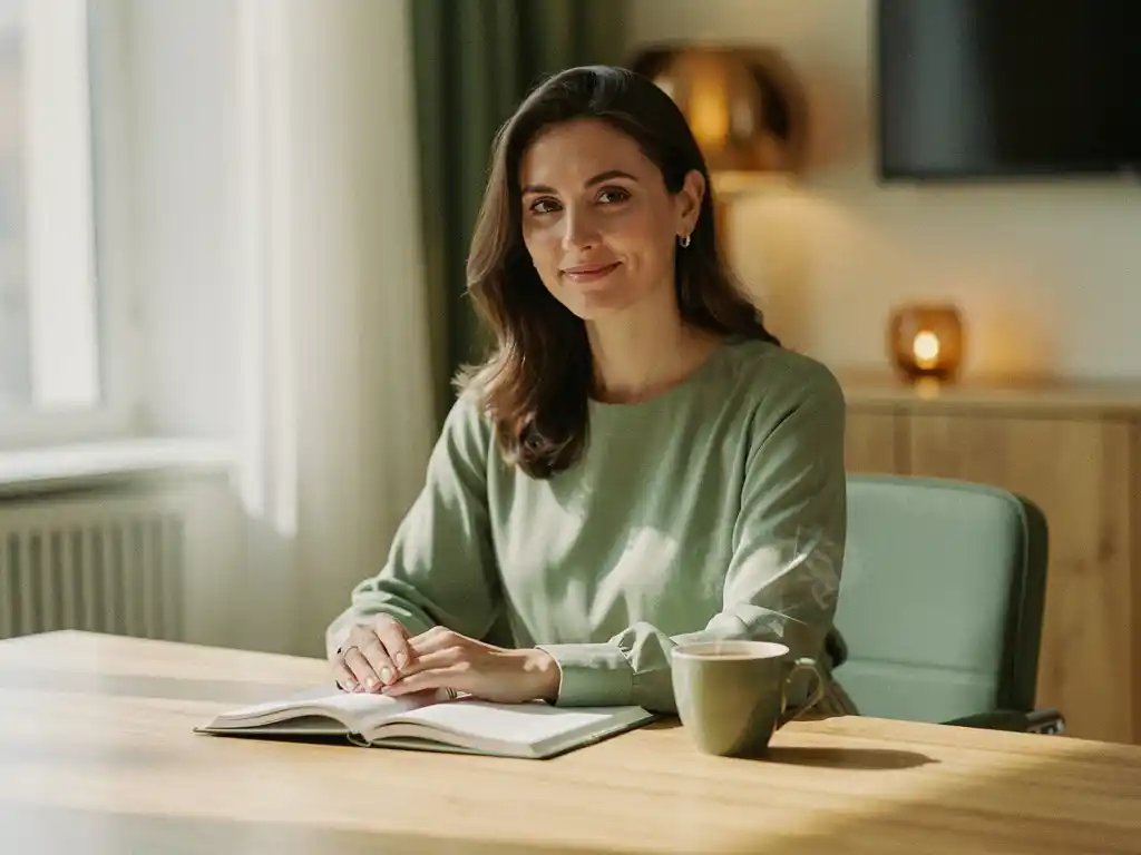 Zelfverzekerde vrouw aan een zonnig houten bureau met open notitieboek en dampende koffie, rustige en doelgerichte werksfeer.
