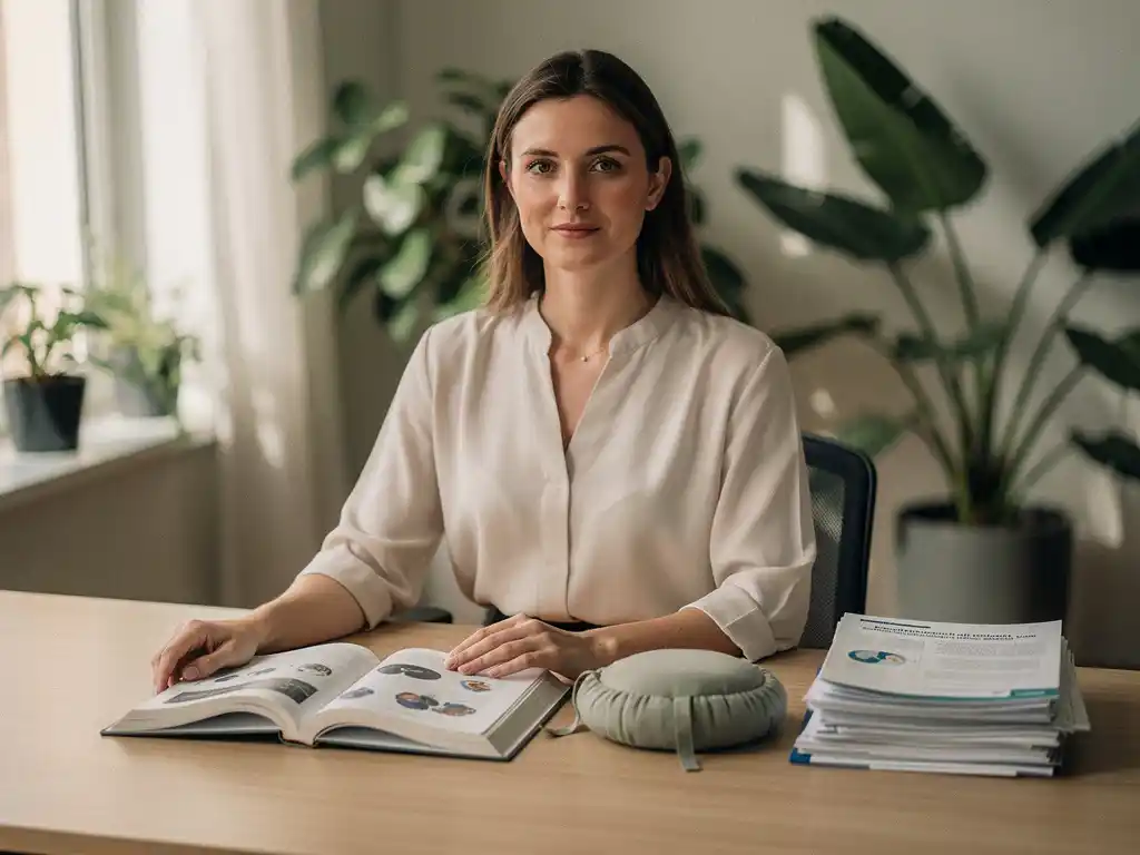 Professionele vrouw aan een houten bureau met wetenschappelijk boek en meditationskussen naast klinische onderzoekspapieren, zacht natuurlijk licht.