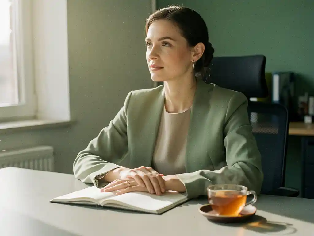 Professionele vrouw aan modern bureau met open notitieboek en dampende thee, zacht natuurlijk licht, serene werksfeer.
