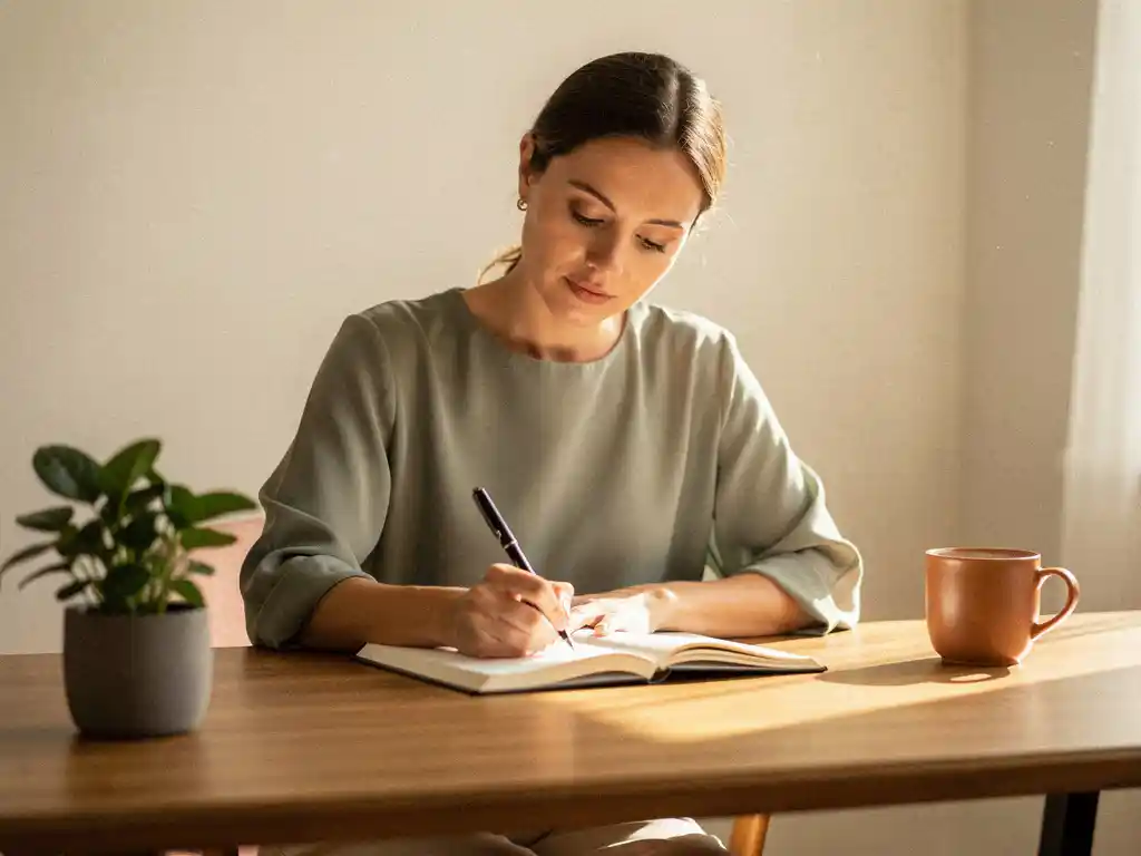 Vrouw schrijft gefocust in notitieboek aan houten bureau met groene plant en keramische mok, zacht ochtendlicht.