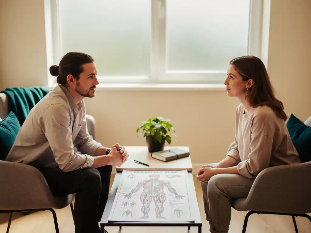 Coach en cliënt in gesprek aan tafel met anatomisch zenuwstelsel diagram, notitieboek en plant in minimalistische therapieruimte.
